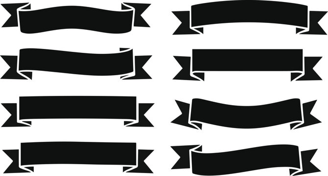 Eight black ribbon banners on a white background Keywords: banner, ribbon, black, white