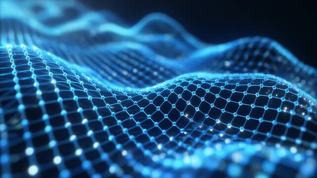 A blue digital mesh of glowing points forming a wavy, grid-like surface in motion, softly glowing!!