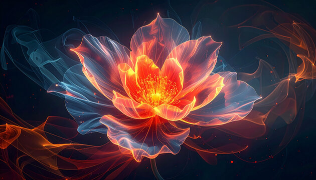 Glowing neon lotus flower with vibrant petals and smoke effect
