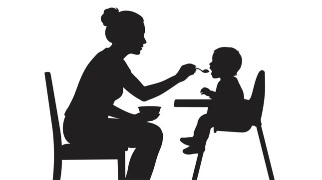 Mother Feeding Baby With Spoon Black Silhouette