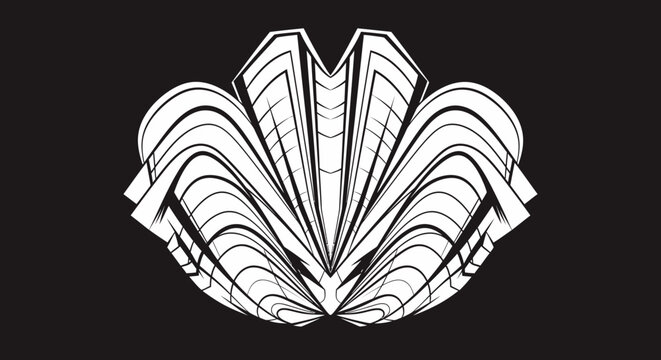 Abstract geometric shell design, white lines on black background, elegant symmetrical pattern