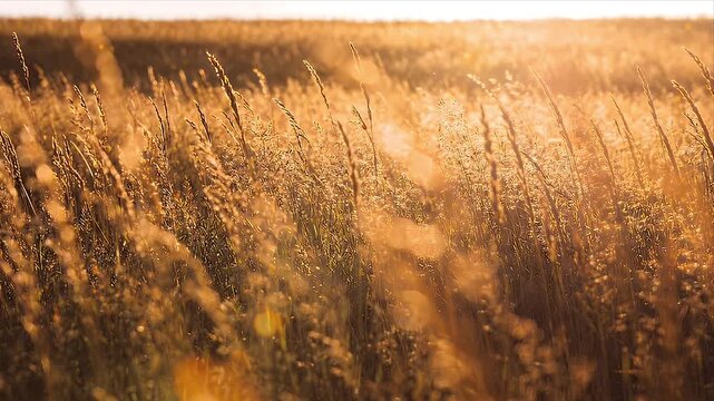 Local Flavor looping Golden grass field in warm sunset light, soft focus meadow nature landscape, calm rural scene with glowing stems and peaceful golden sunlight