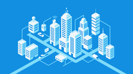 Smart City Concept with Isometric Buildings and Connected Devices on a Blue Background. © Yahya