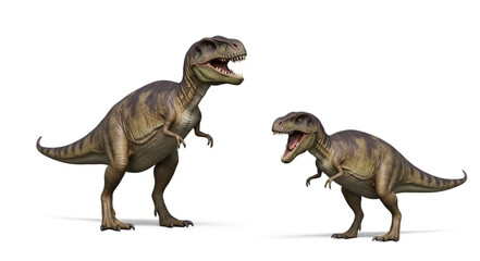 Two Tyrannosaurus Rex dinosaurs facing each other on a white background. © prasetyo