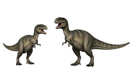 Two Tyrannosaurus Rex dinosaurs facing each other on white background. © prasetyo