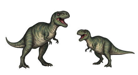 Two Tyrannosaurus Rex dinosaurs facing each other with mouths open. © prasetyo