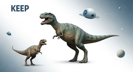 Two Tyrannosaurus Rex dinosaurs in a surreal cosmic environment. © prasetyo