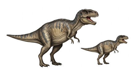 Two Tyrannosaurus Rex dinosaurs one large one small. © prasetyo