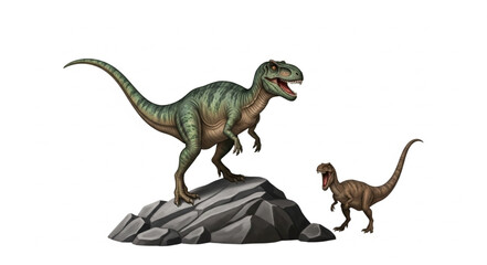 Two Tyrannosaurus Rex dinosaurs stand on rocks illustration. © prasetyo