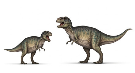 Two Tyrannosaurus Rex dinosaurs standing against a white background. © prasetyo