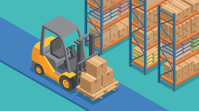 Isometric view of a forklift moving boxes in a warehouse with shelves full of inventory, illustrating logistics and supply chain operations.