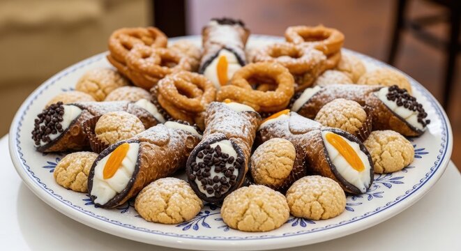A delightful assortment of Italian pastries, including cannoli, zeppole, and cookies, arranged on a white plate with a blue rim.