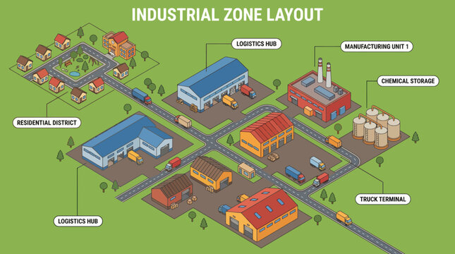 Industrial Zone Layout with Logistics Hubs, Manufacturing Units, and Residential District.