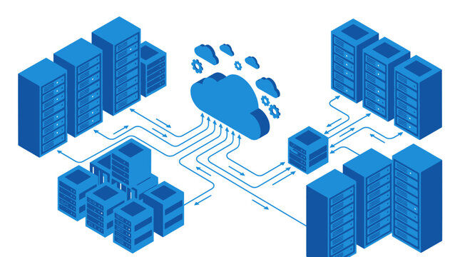 Cloud computing infrastructure with server racks and data centers connected to a central cloud icon, representing network and data storage.