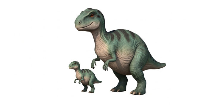Two Tyrannosaurus Rex dinosaurs one adult one baby.