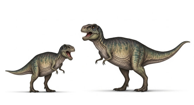Two Tyrannosaurus Rex dinosaurs standing against a white background.