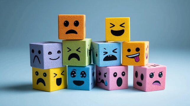 Explore a vibrant collection of colorful blocks showcasing diverse emotions, perfect for educational resources, child development materials, or conveying feelings and expressions playfully