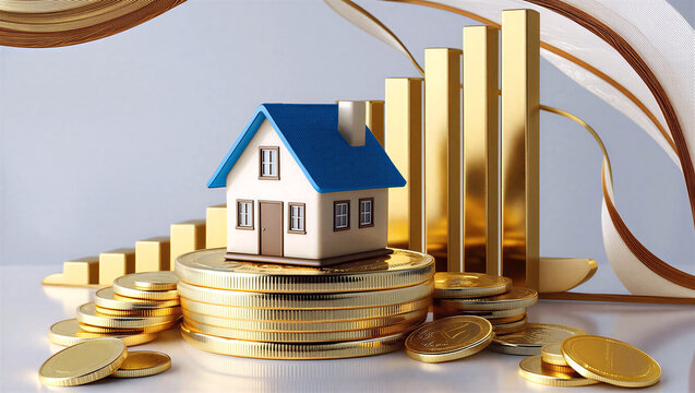 Golden house model on coins with growing bar chart for investment success