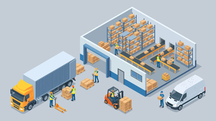 Isometric illustration of a busy warehouse with workers, trucks, and forklifts handling packages for logistics and delivery operations. © Yahya