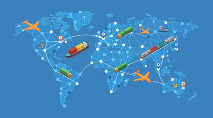 Global logistics network with various transport methods over a world map, illustrating worldwide shipping and delivery. © Yahya