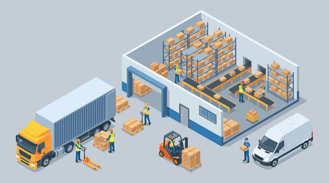 Isometric illustration of a busy warehouse with workers, trucks, and forklifts handling packages for logistics and delivery operations.