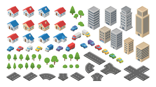 Isometric city elements with buildings, cars, trees, and roads for urban design.