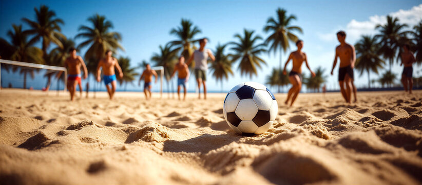Group of people playing beach soccer on a sunny tropical shore
