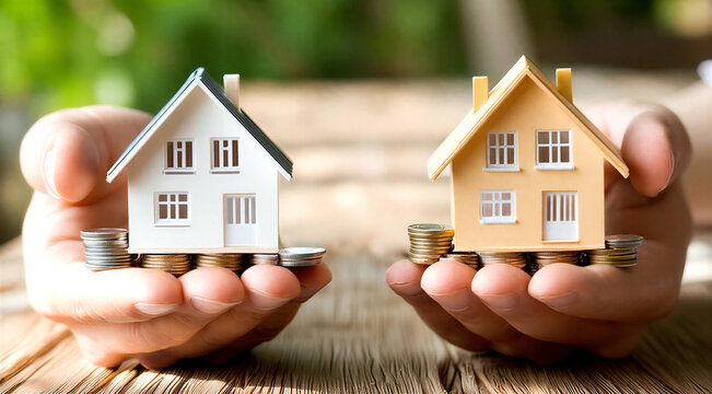 Hands holding miniature houses with stacks of coins for investment concept
