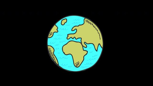 Hand-drawn animated Earth globe doodle style, Alpha Channel