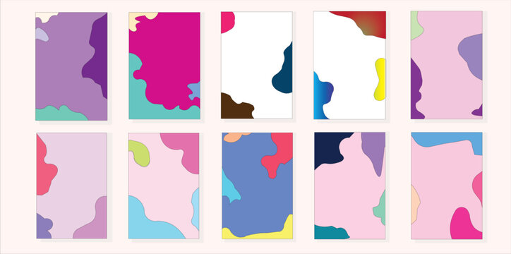 This abstract background collection features a variety of dynamic organic shape (blob) and fluid pattern designs with a cheerful and aesthetic color palette. Each template has a compa