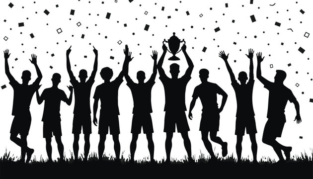 Soccer team celebrating with trophy and confetti celebration