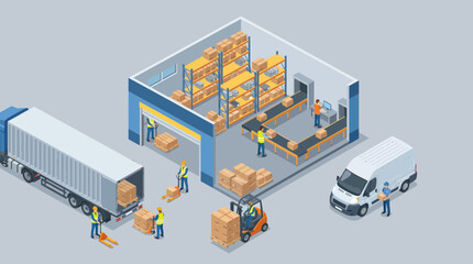 Isometric warehouse logistics and delivery process with workers, trucks, and forklifts handling packages for shipping and distribution. © Yahya