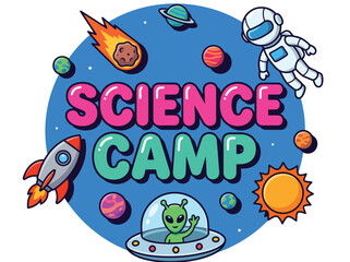 Fototapeta premium Science Camp Education Poster Illustration with Space Astronaut Rocket and Alien