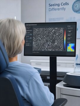 Researcher analyzes cellular metrics using high speed back aperture interferometry in a laboratory