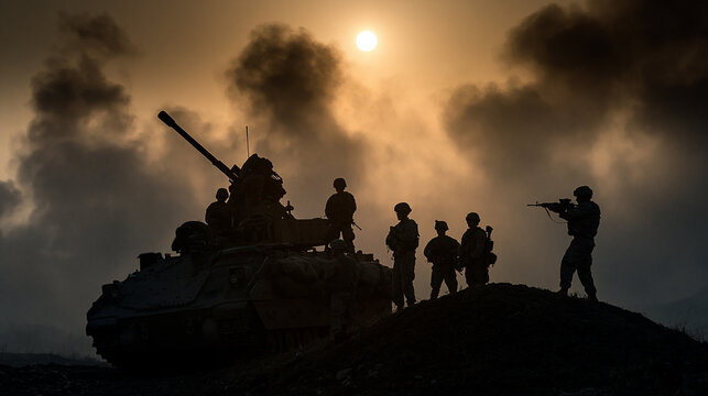 Soldiers at Dawn with Tank: A silhouette of soldiers and a battle tank stand against a dramatic dawn sky, evoking a sense of readiness and the harsh realities of conflict.