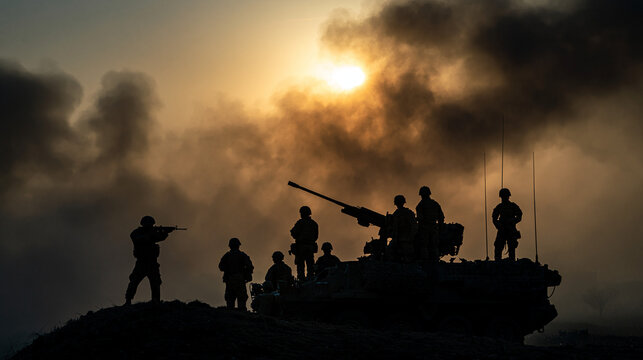 Soldiers and Tank in Silhouette: A group of soldiers stands in silhouette with a tank at dawn, smoke and the sun creating a dramatic and intense atmosphere of military action.