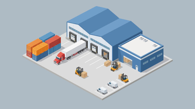 Isometric illustration of a modern warehouse with a truck, forklifts, and delivery vans, depicting logistics and distribution operations.