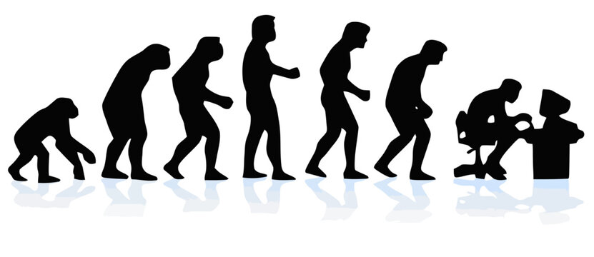 Evolution of Man silhouette working on computer, technology progress concept