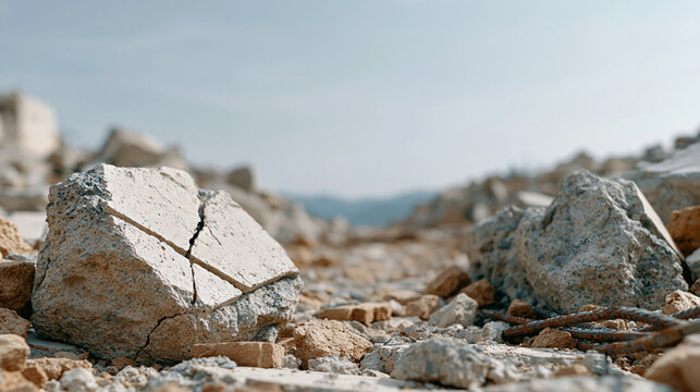 Rubble and Ruin: Broken concrete and twisted rebar lie scattered across a desolate landscape, remnants of a structure lost to time or disaster, under a vast, indifferent sky.