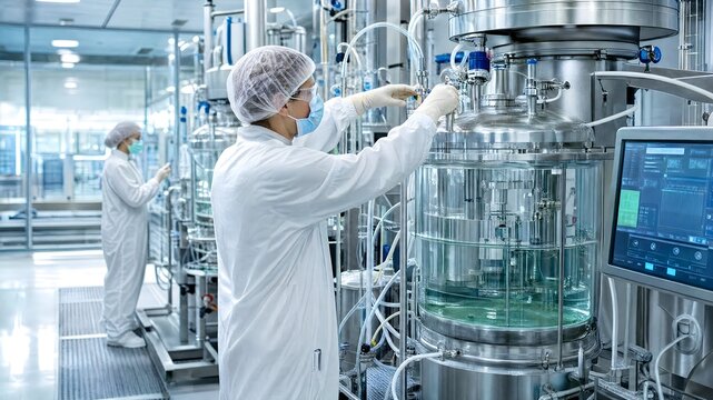 Scientist performing mitochondrial cytosine base editor transfection using a bioreactor in a cleanroom laboratory