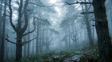 Fototapeta premium Morning Fog Forest Background Misty Atmospheric Woodland Scene 