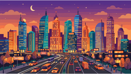 Vibrant Cityscape at Dusk, Urban Skyline with Traffic, Modern Business District, Night Lights © mest selda blessun
