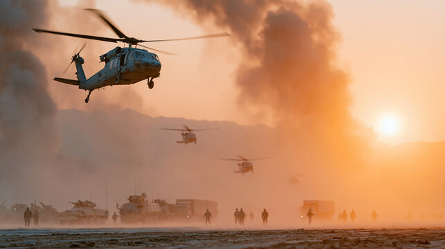 Helicopter Operation at Sunrise: A squadron of military helicopters descends in a dramatic sunrise scene, creating a smoky, dusty atmosphere over a rugged terrain with vehicles and troops below.