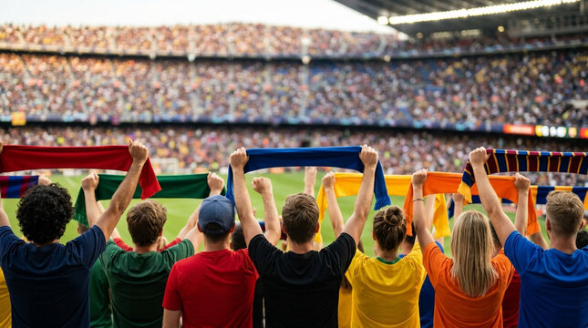 Cheering sports fans raising flags in crowded stadium during evening match