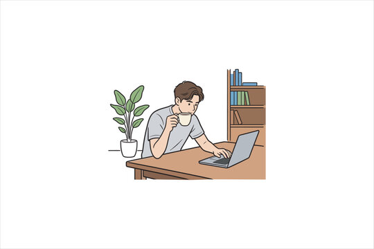 Young man sitting at desk, working on laptop while holding a cup of coffee. Freelancer, remote work, home office, and study concept vector illustration isolated on white background.