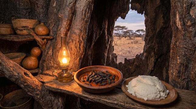 Mopane worms & sadza in Baobab hollow