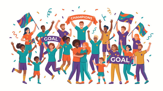 Office managers and corporate employees celebrating successful business goal achievement with flags and banners, perfect for company presentation, team motivation and commercial marketing