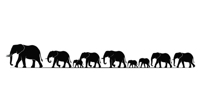Silhouette of a herd of elephants walking in a line.
