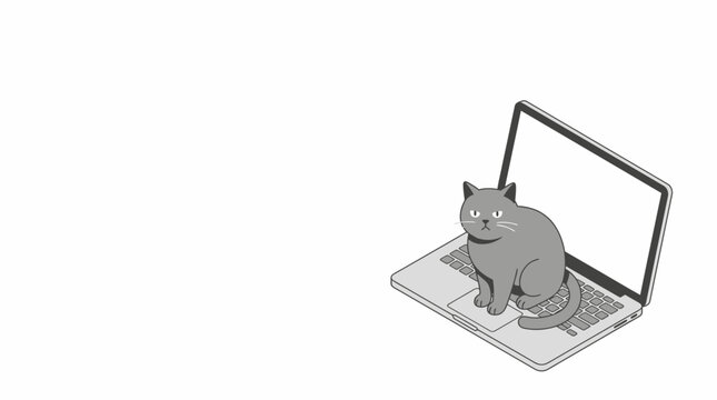 A grey cat sitting on an open laptop computer isolated on white.