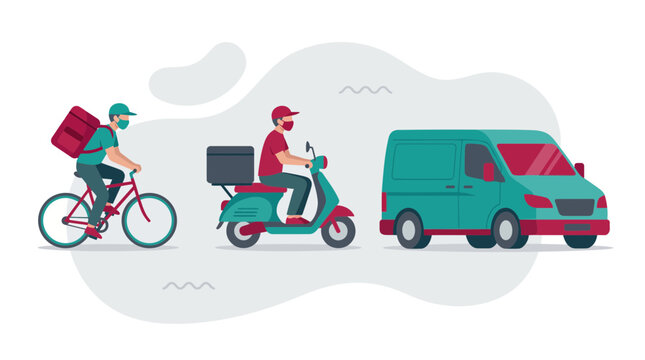 Flat vector illustration of delivery couriers with bicycle, scooter and van wearing face masks, perfect for logistics banner, e-commerce website and shipping advertisement